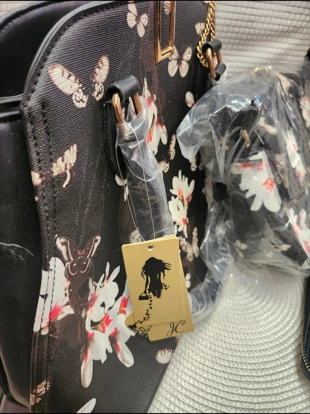 Black Floral Butterfly Tote Crossbody Wallet Set